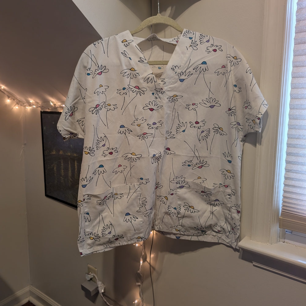White Floral Unisex Scrub Top